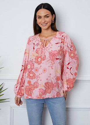 Floral Smocked Tassel Tie Balloon Sleeve Blouse - MimiStylez