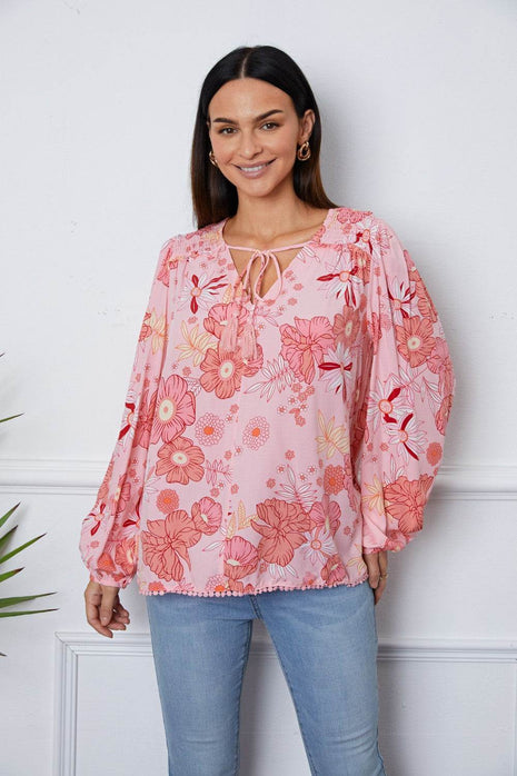 Floral Smocked Tassel Tie Balloon Sleeve Blouse - MimiStylez