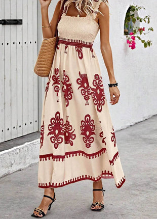 Smocked Printed Wide Strap Maxi Dress - MimiStylez