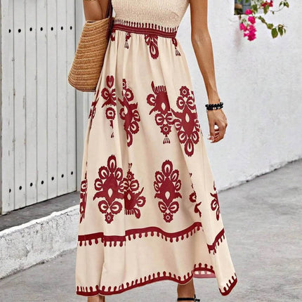 Smocked Printed Wide Strap Maxi Dress - MimiStylez