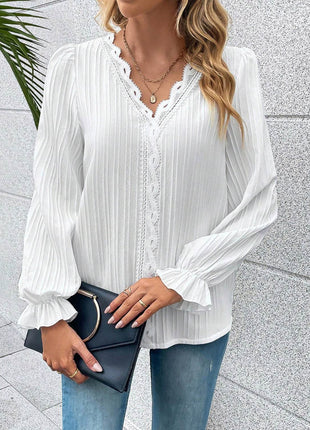 V-Neck Lace Detail Flounce Sleeve Blouse - MimiStylez