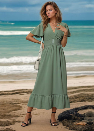 Surplice Flutter Sleeve Midi Dress - MimiStylez