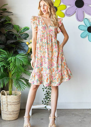 Heimish Full Size Floral Ruffled V-Neck Dress - MimiStylez