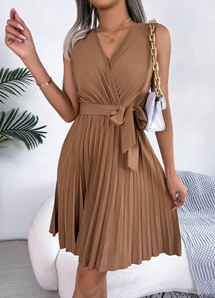 Tied Surplice Sleeveless Pleated Dress - MimiStylez