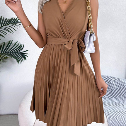 Tied Surplice Sleeveless Pleated Dress - MimiStylez