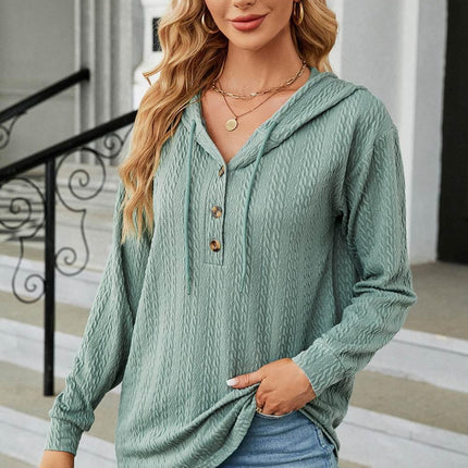 Drawstring Half Button Long Sleeve Hoodie - MimiStylez