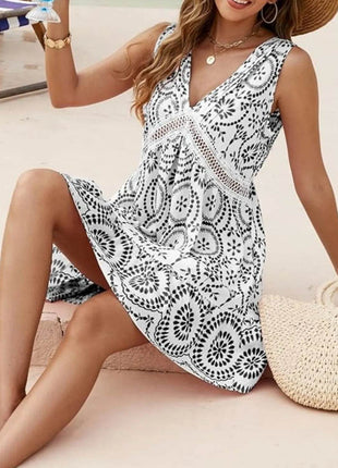 Printed V-Neck Sleeveless Mini Dress - MimiStylez