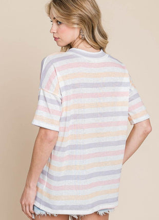 BOMBOM Striped V-Neck Short Sleeve T-Shirt - MimiStylez