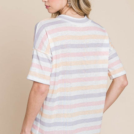 BOMBOM Striped V-Neck Short Sleeve T-Shirt - MimiStylez