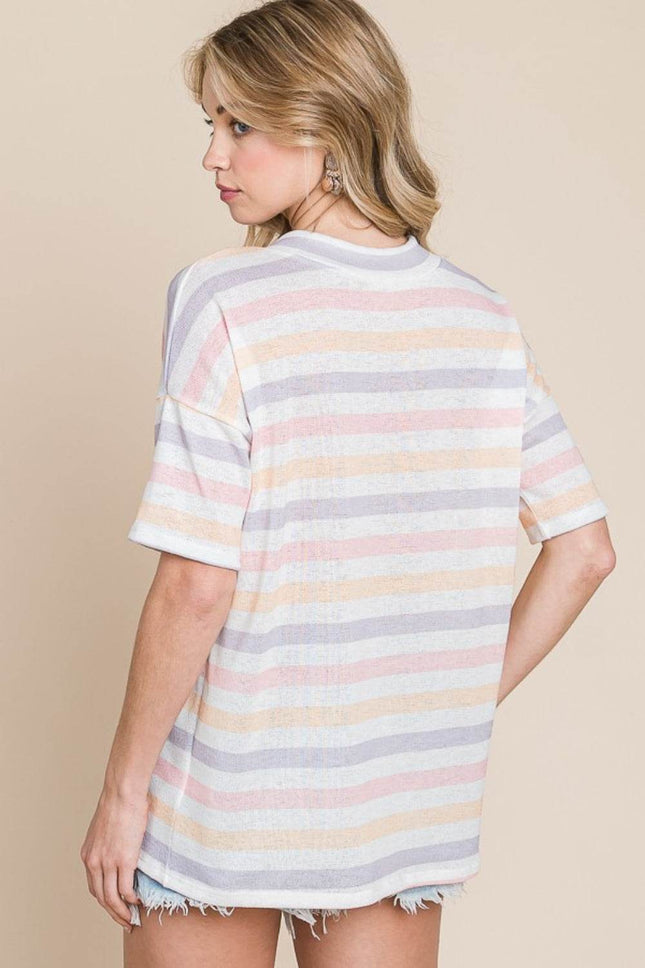 BOMBOM Striped V-Neck Short Sleeve T-Shirt - MimiStylez