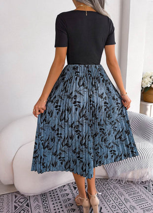 Printed Round Neck Pleated Dress - MimiStylez