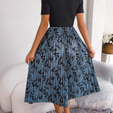 Printed Round Neck Pleated Dress - MimiStylez