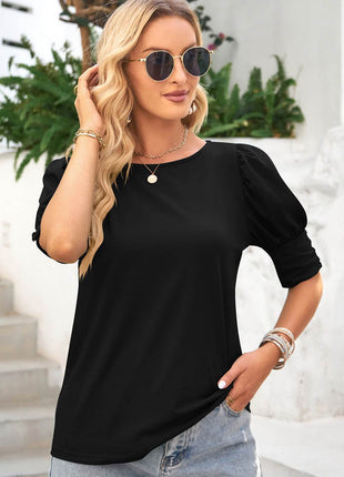 Round Neck Lantern Sleeve Blouse - MimiStylez