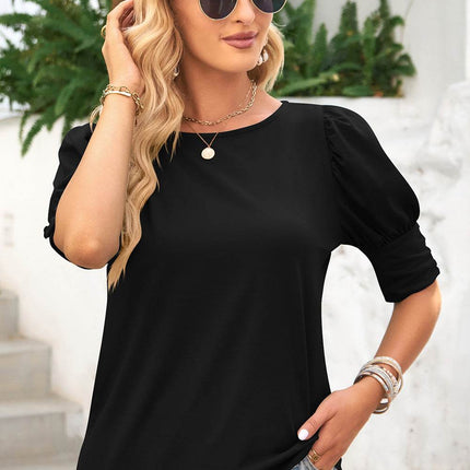 Round Neck Lantern Sleeve Blouse - MimiStylez