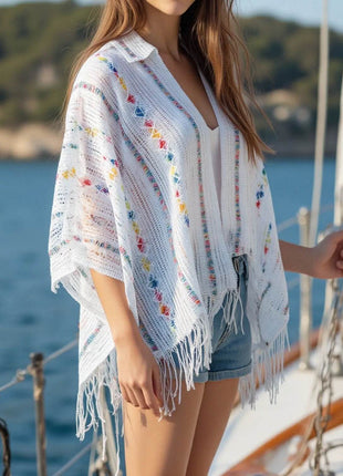Openwork Fringe Open Front Knit Cape - MimiStylez