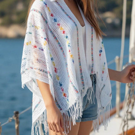 Openwork Fringe Open Front Knit Cape - MimiStylez