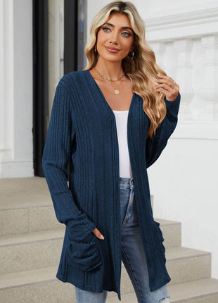 Pocketed Open Front Long Sleeve Cardigan - MimiStylez