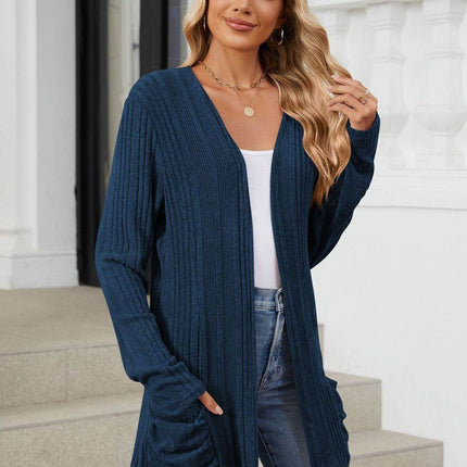 Pocketed Open Front Long Sleeve Cardigan - MimiStylez
