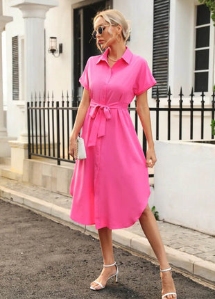 Tied Button Up Shirt Dress - MimiStylez