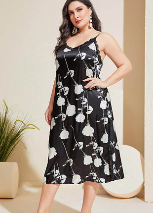 Plus Size Floral Lace Trim Side Slit Night Dress - MimiStylez