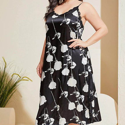 Plus Size Floral Lace Trim Side Slit Night Dress - MimiStylez