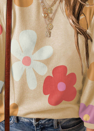 Flower Round Neck Long Sleeve Blouse - MimiStylez