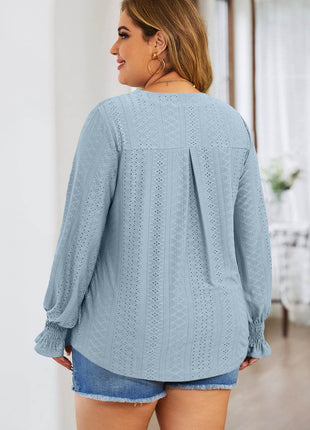 Plus Size Eyelet Notched Flounce Sleeve Blouse - MimiStylez
