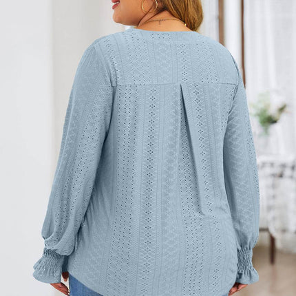 Plus Size Eyelet Notched Flounce Sleeve Blouse - MimiStylez