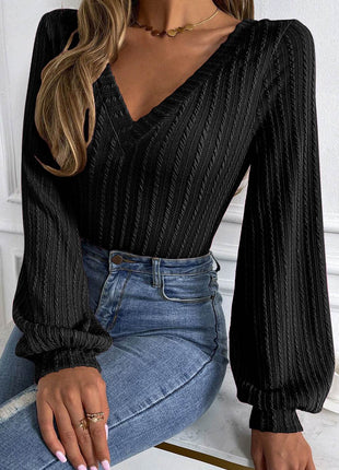 V-Neck Long Sleeve Knit Top - MimiStylez