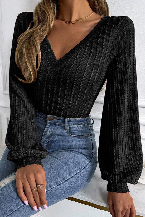 V-Neck Long Sleeve Knit Top - MimiStylez