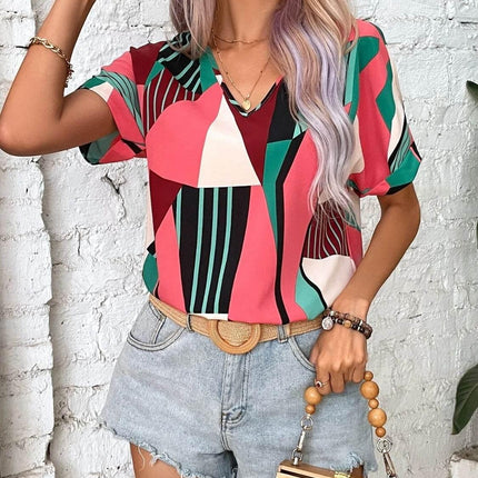 Printed V-Neck Short Sleeve Blouse - MimiStylez