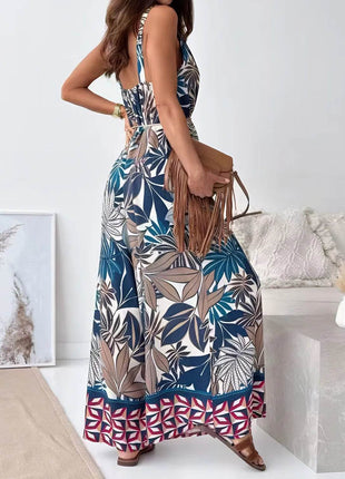 Printed V-Neck Wide Leg Jumpsuit - MimiStylez