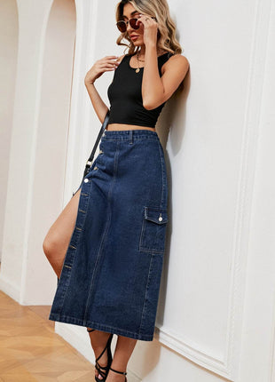 Button Down Midi Denim Skirt - MimiStylez
