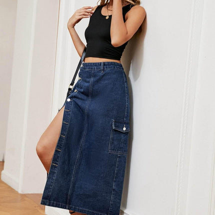Button Down Midi Denim Skirt - MimiStylez