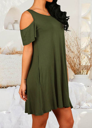 Round Neck Cold Shoulder Short Sleeve Dress - MimiStylez