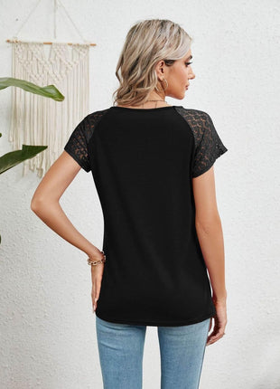 Lace Detail Round Neck Short Sleeve T-Shirt - MimiStylez