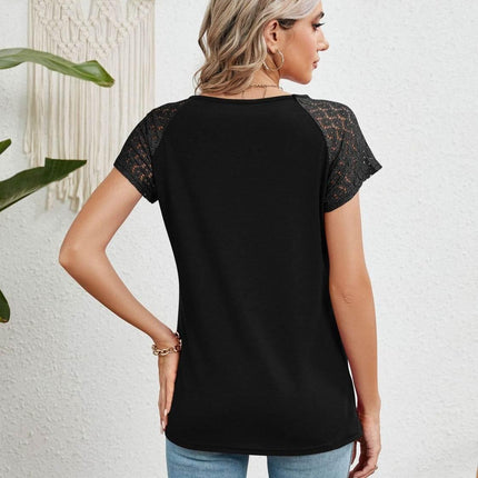 Lace Detail Round Neck Short Sleeve T-Shirt - MimiStylez