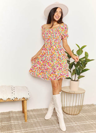 Smocked Sweetheart Neck Flounce Sleeve Mini Dress - MimiStylez