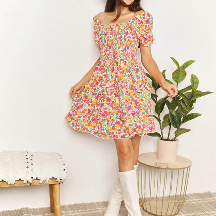 Smocked Sweetheart Neck Flounce Sleeve Mini Dress - MimiStylez
