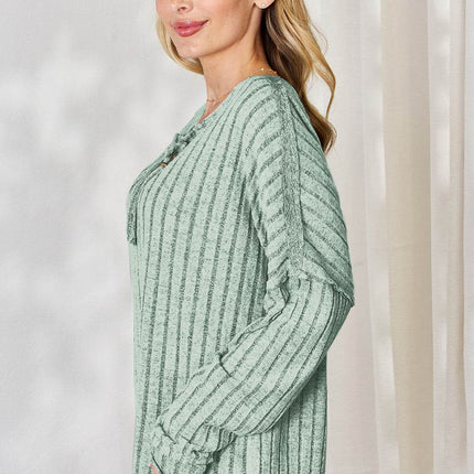 Basic Bae Full Size Ribbed Half Button Long Sleeve T-Shirt - MimiStylez