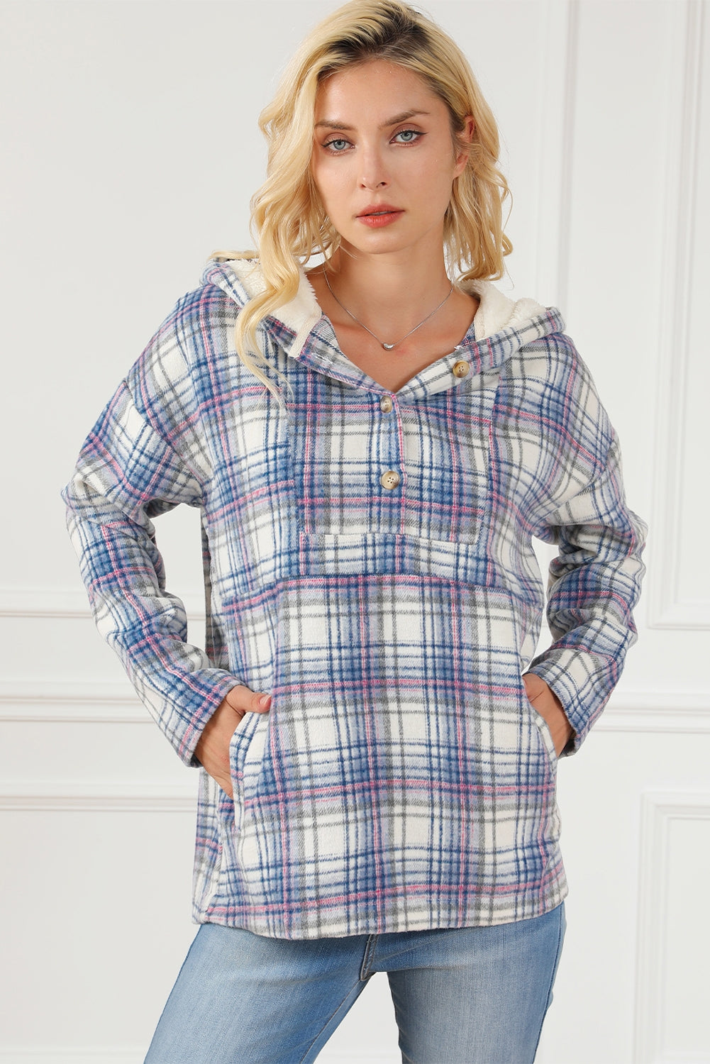 Plaid Long Sleeve Buttoned Hoodie