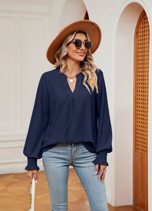 Notched Neck Flounce Sleeve Blouse - MimiStylez