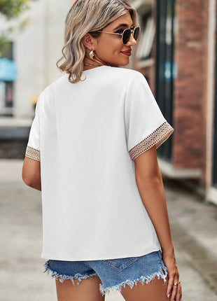 Openwork V-Neck Short Sleeve T-Shirt - MimiStylez