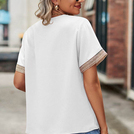 Openwork V-Neck Short Sleeve T-Shirt - MimiStylez