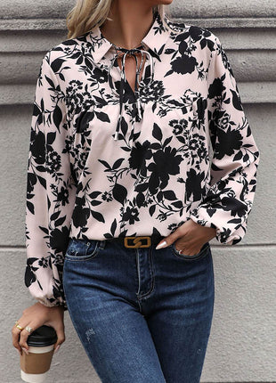 Printed Tie Neck Balloon Sleeve Blouse - MimiStylez