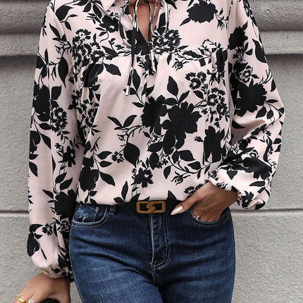 Printed Tie Neck Balloon Sleeve Blouse - MimiStylez