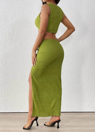 Perfee Texture Cropped Tank and Ruched Skirt Set - MimiStylez