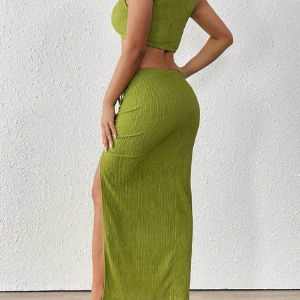 Perfee Texture Cropped Tank and Ruched Skirt Set - MimiStylez