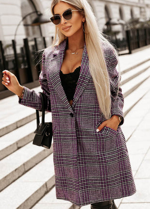 Plaid Lapel Collar Longline Blazer - MimiStylez