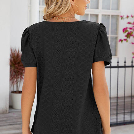 Eyelet Puff Sleeve T-Shirt - MimiStylez